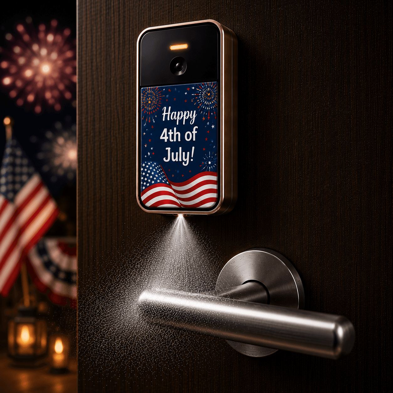 Happy 4th of July SaniSpray skin with patriotic holiday artwork.