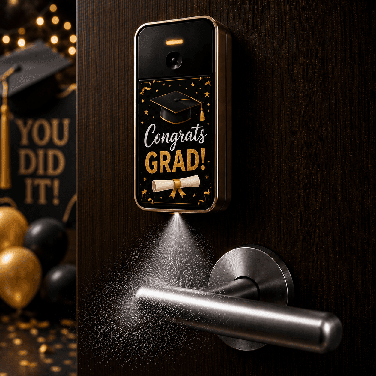 Congrats Grad SaniSpray skin with graduation cap and celebration artwork.
