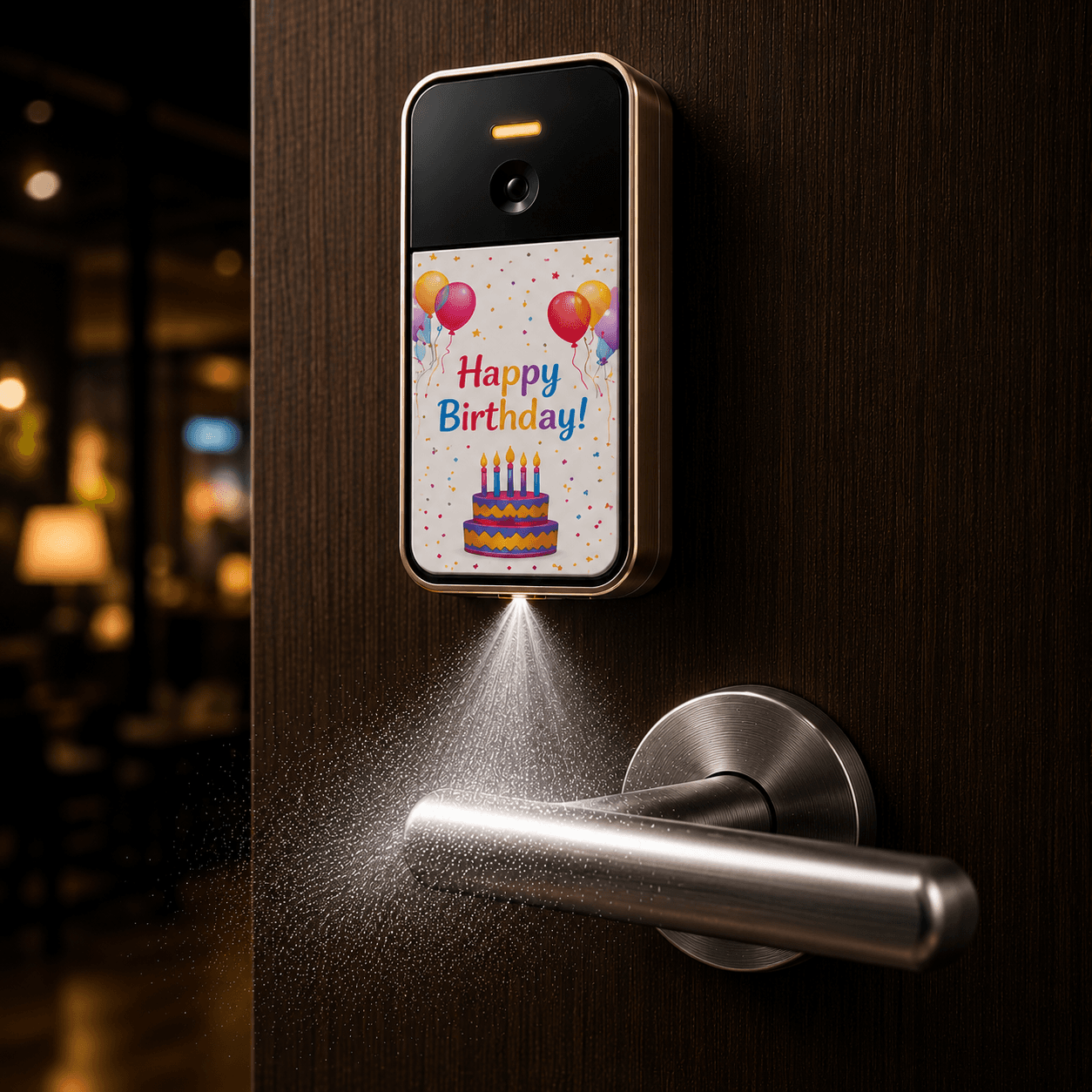 Happy Birthday SaniSpray skin with balloons, cake, and celebration artwork.