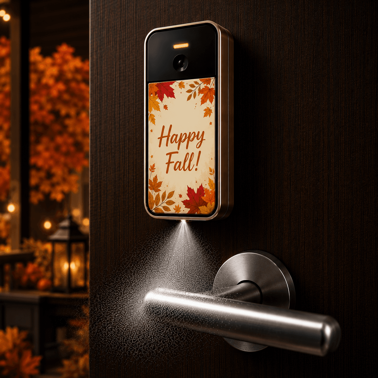 Hello Fall SaniSpray skin with pumpkins, leaves, and autumn artwork.