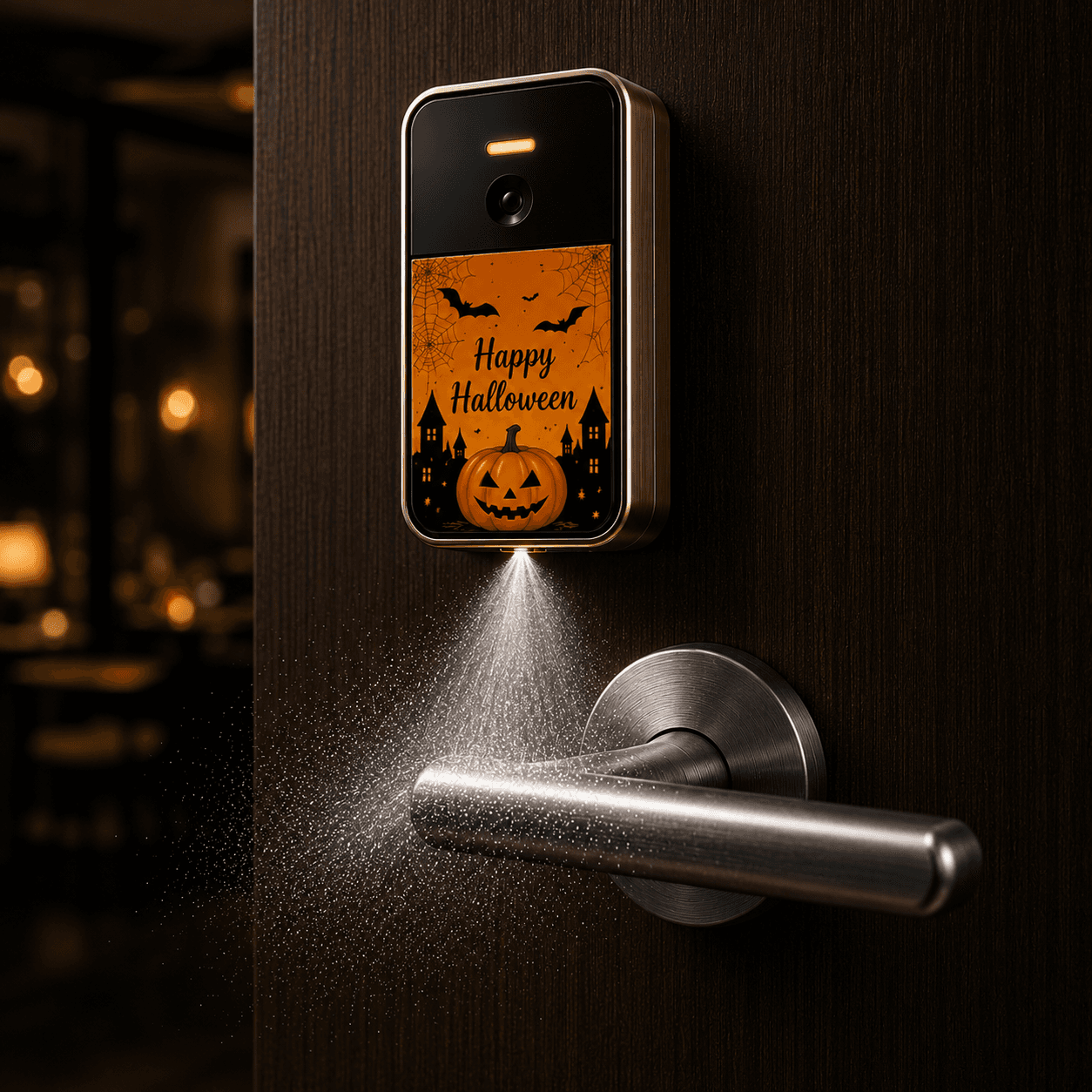 Happy Halloween SaniSpray skin with pumpkins, bats, and seasonal artwork.