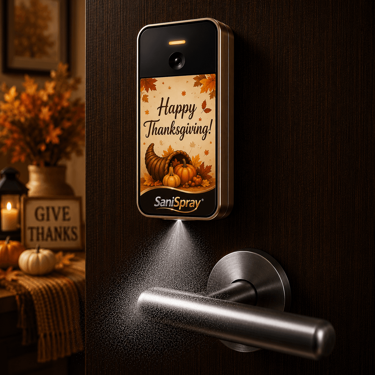 Happy Thanksgiving SaniSpray skin with autumn leaves and a holiday message.