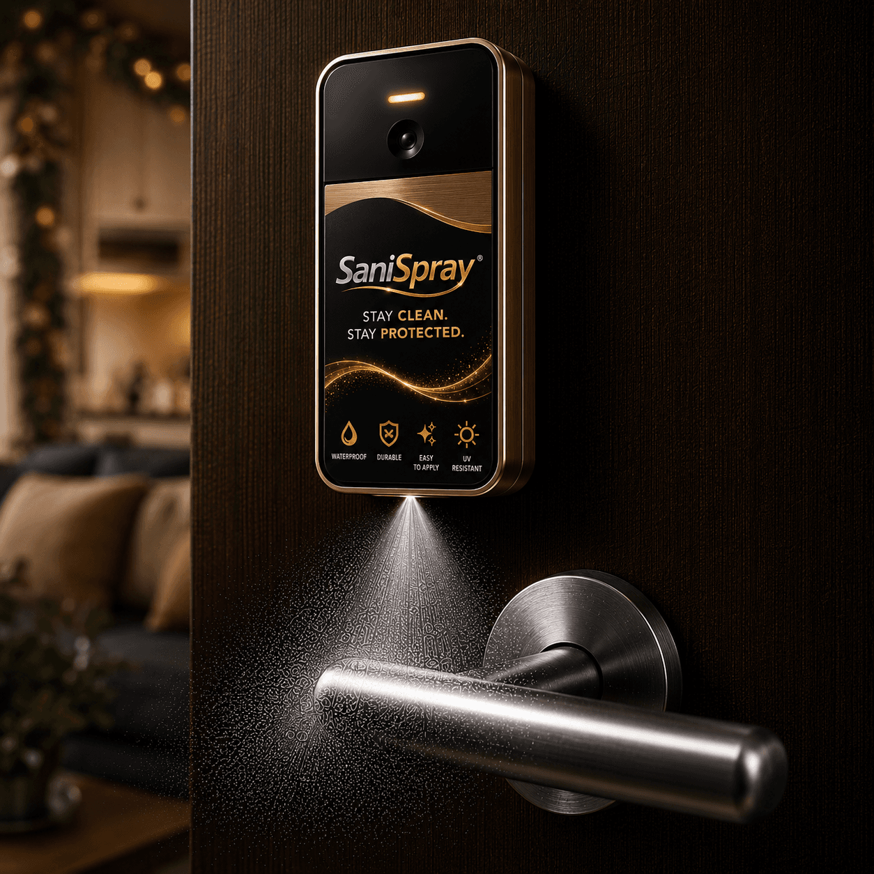 SaniSpray branded skin with warm product-themed artwork.