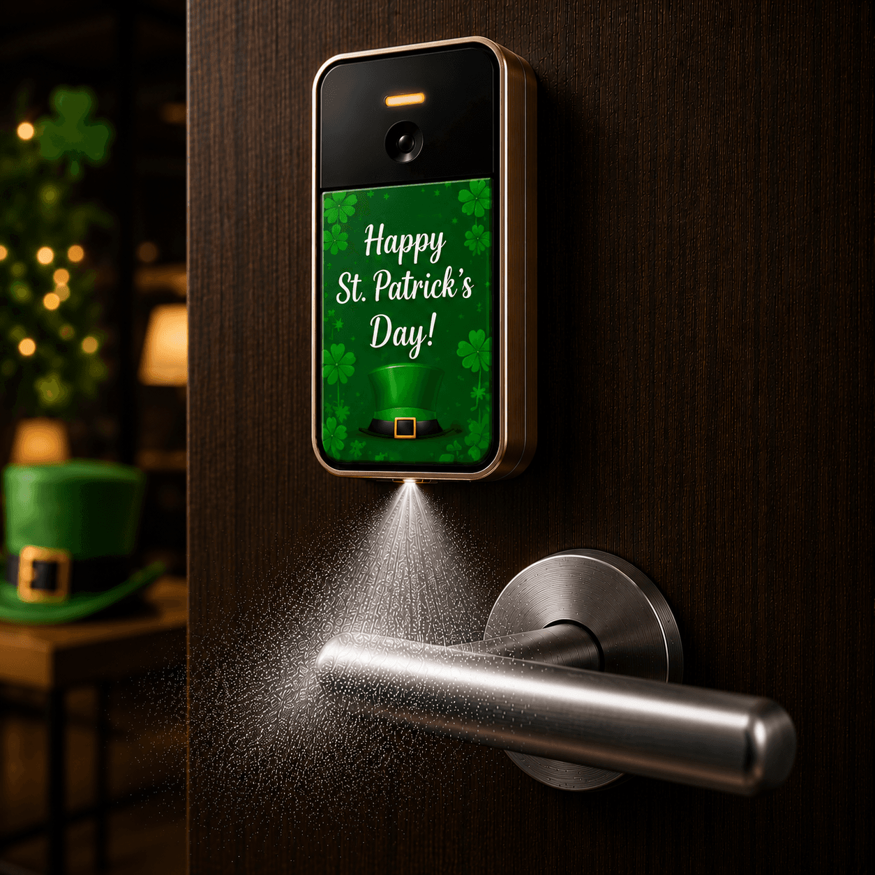 Happy St. Patrick’s Day SaniSpray skin with shamrocks and green holiday artwork.