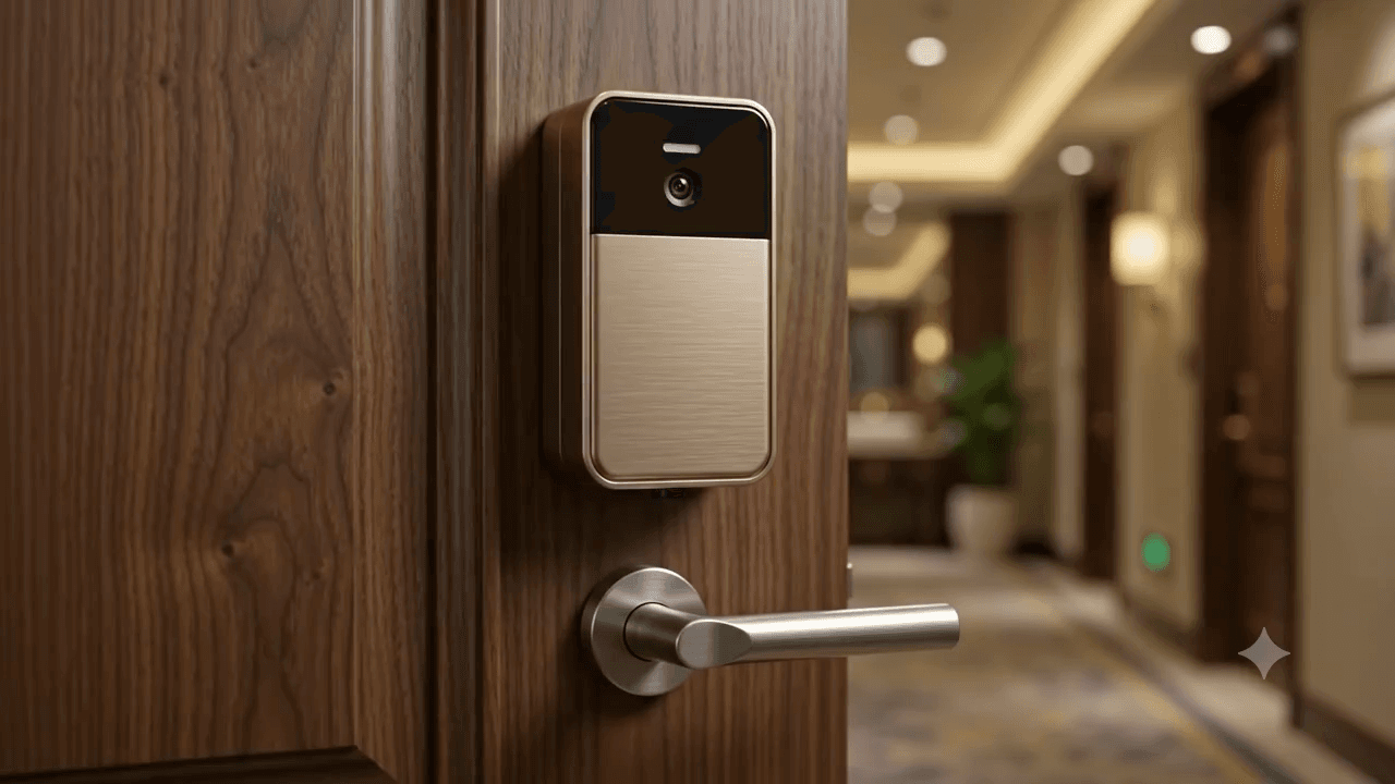 SaniSpray automatic door-handle sanitation product operating at a doorway.