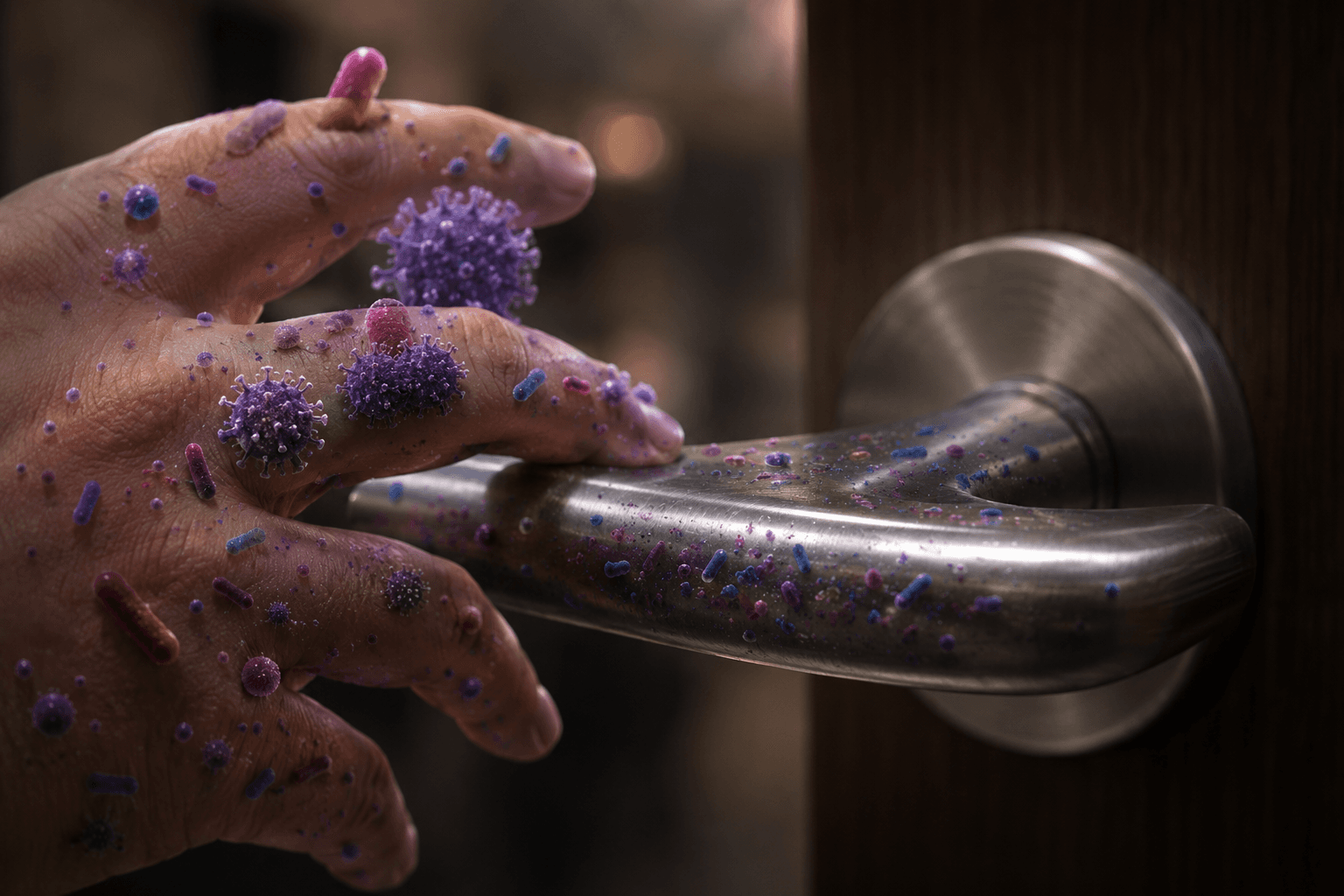 Close-up sanitation concern graphic for a high-touch door handle.