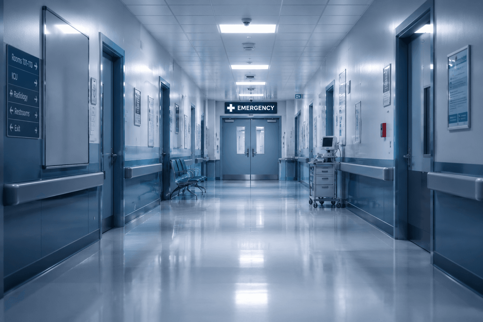 Healthcare environment with shared doorways and sanitation context.