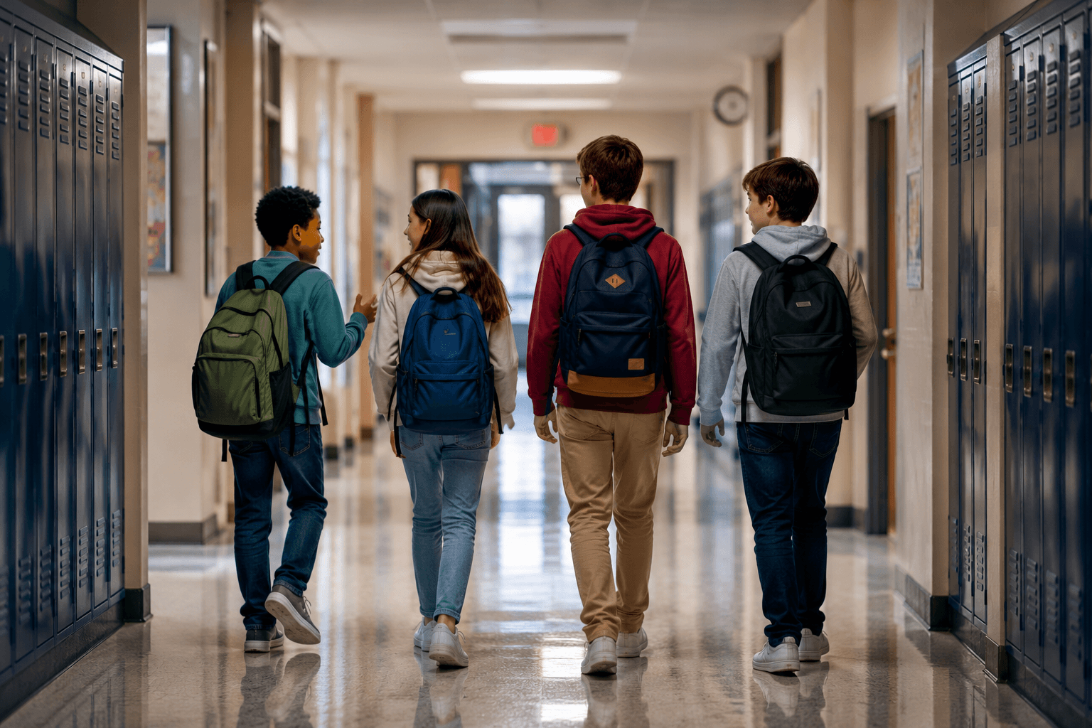 Students walking through a school hallway.