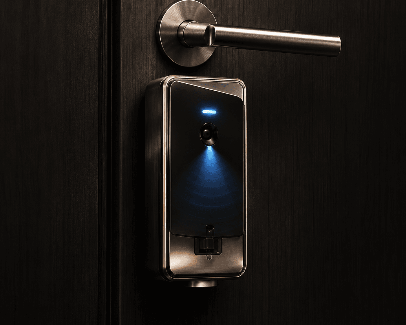 SaniSpray device positioned above a door handle with a visual indication of motion detection.