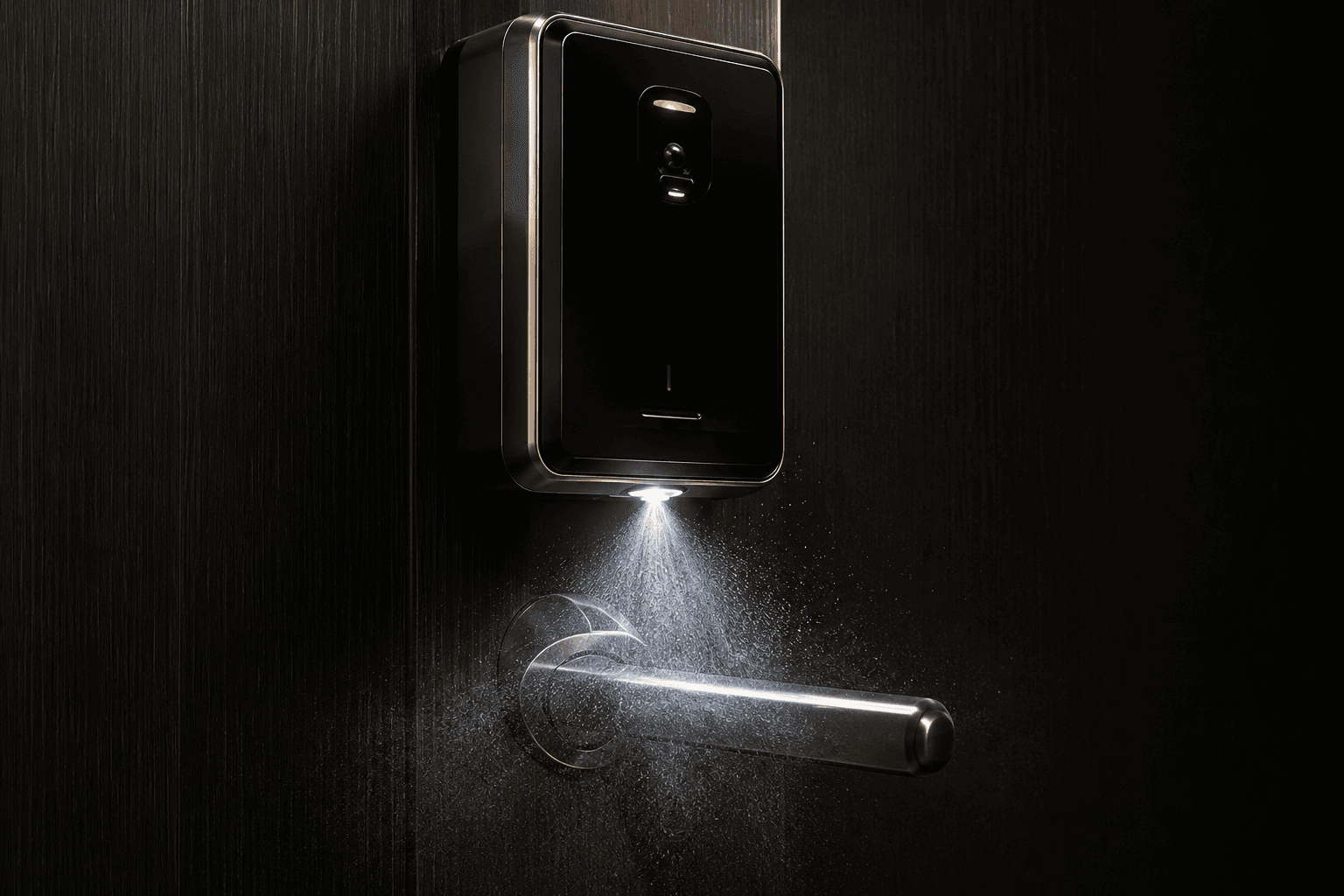 SaniSpray device applying a fine mist toward a metal door handle.