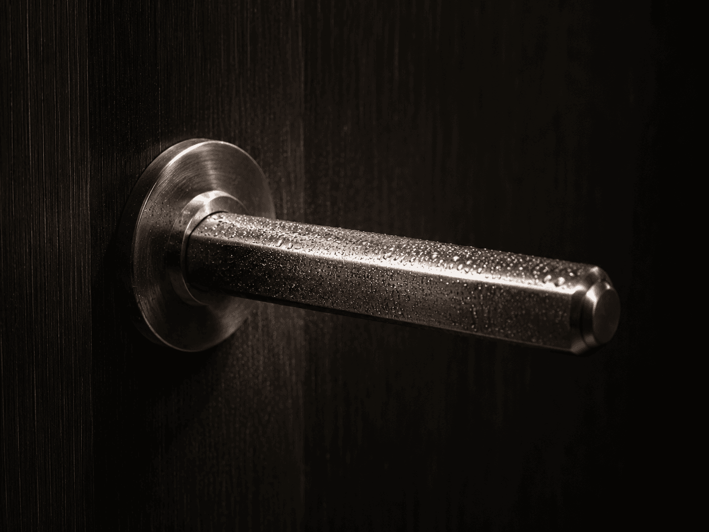 Fine sanitizer mist distributed across the visible door-handle surface.